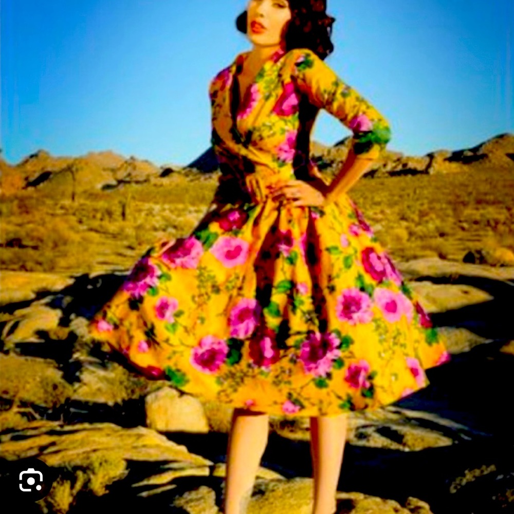 Pinup Couture Birdie dress in Mustard and purple floral M